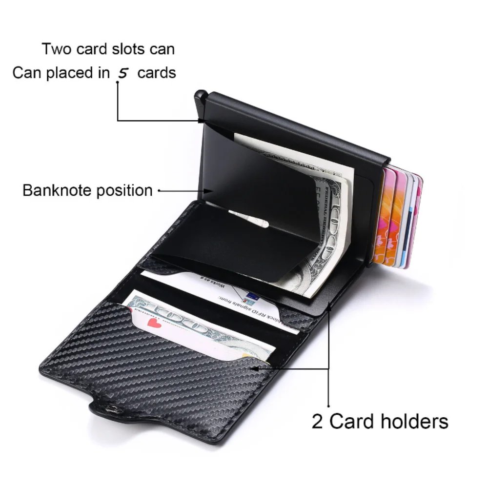 RFID анти-кражба четка, автоматична всплывающая чанта за карти, ультратонкая метална чанта за кредитни карти, мъжки портфейл с няколко карти, изработени от въглеродни влакна Изображение 5