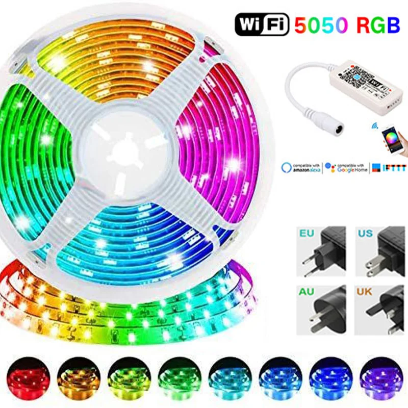 RGB Led Лента 5050 Bluetooth, WIFI Управление на Fita 16 фута-98,4 Фута За телевизор, Компютър, две Спални, Празнични Партита, Поддържа Алекса Google Изображение 0