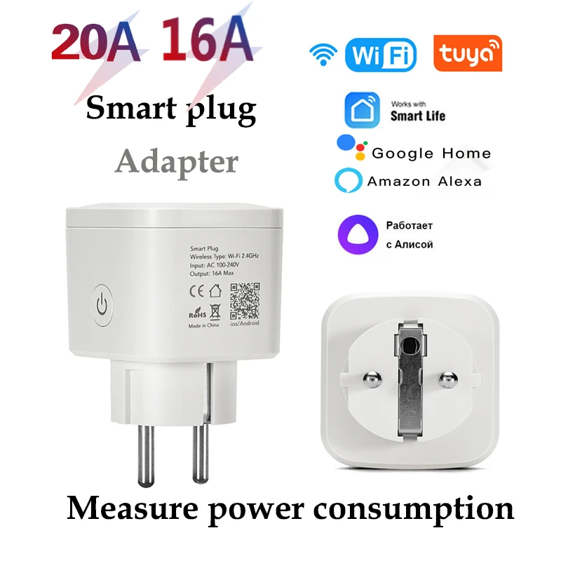 Sasha Wifi Smart Plug EU FR 20A Power Strip, Изход За Измерване на потреблението на енергия, география Алекса Google Home Smart Life Изображение 0