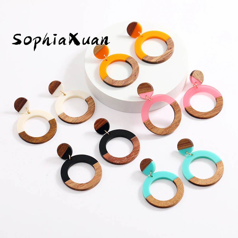 SophiaXuan творчески акрилни дървени кухи кръгли обеци в ивица, прости, универсални обеци, модни обеци за жените, новост 2023 година Изображение 0