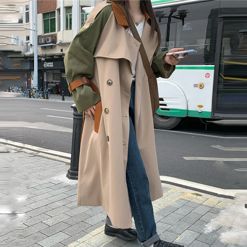Sungtin, ретро женски тренч в стил мозайка с колан, дълги двубортные ежедневни якета, дамски корея ветровка оверсайз, обзаведен Изображение 1
