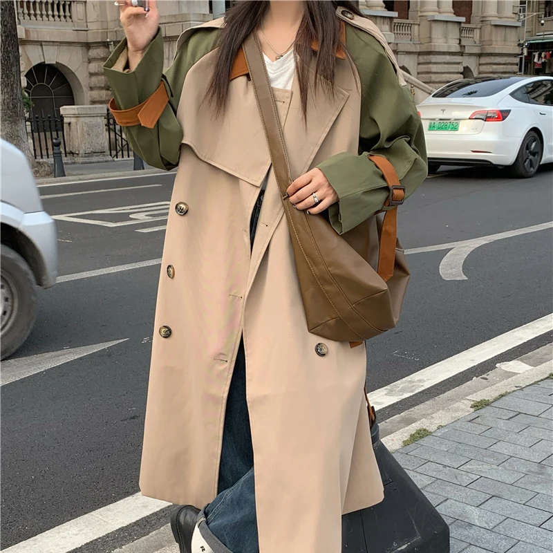 Sungtin, ретро женски тренч в стил мозайка с колан, дълги двубортные ежедневни якета, дамски корея ветровка оверсайз, обзаведен Изображение 2
