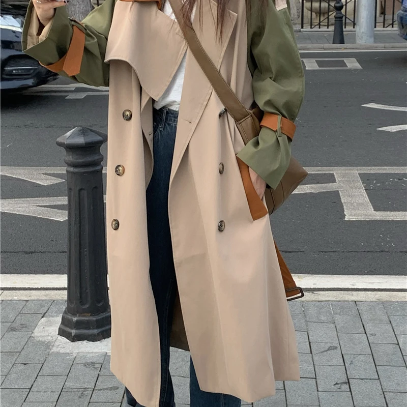 Sungtin, ретро женски тренч в стил мозайка с колан, дълги двубортные ежедневни якета, дамски корея ветровка оверсайз, обзаведен Изображение 3