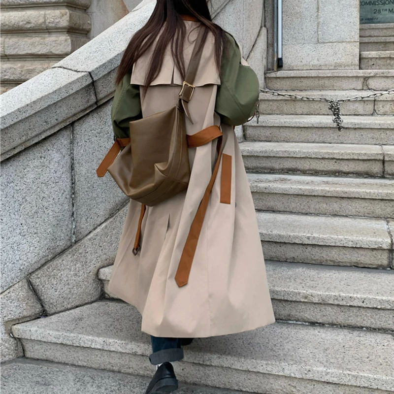 Sungtin, ретро женски тренч в стил мозайка с колан, дълги двубортные ежедневни якета, дамски корея ветровка оверсайз, обзаведен Изображение 5