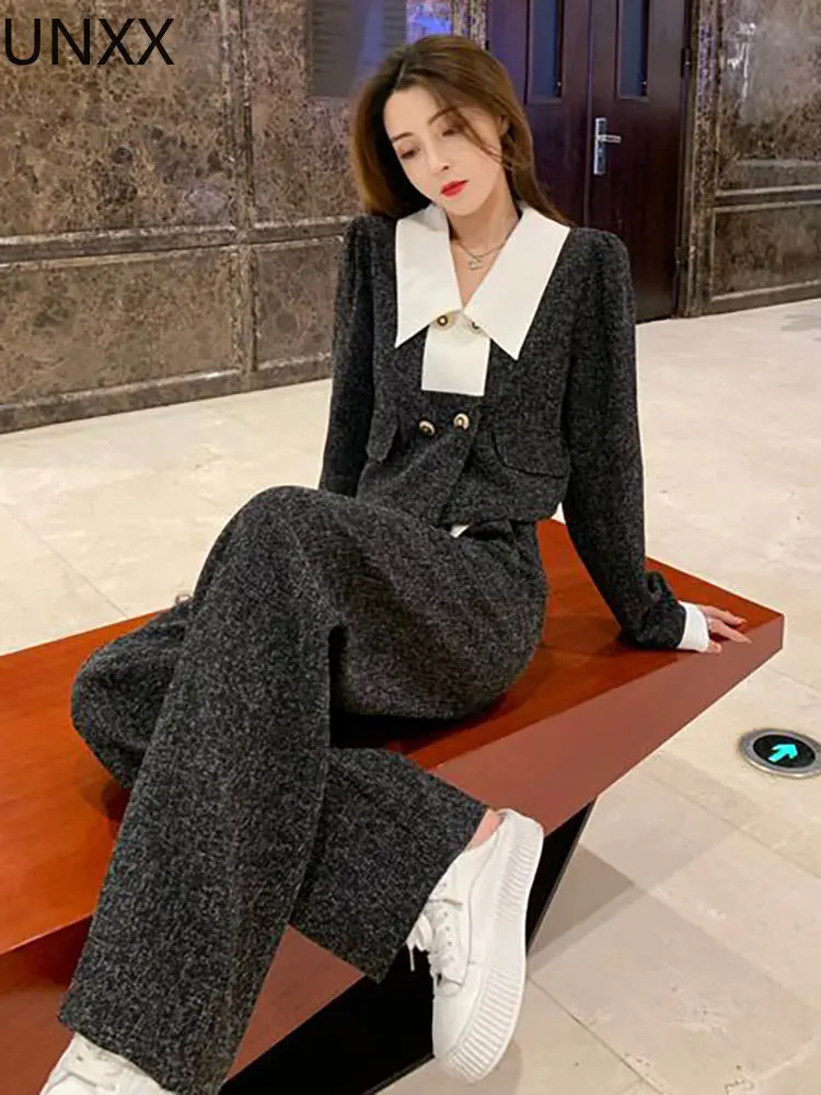 UNXX, зимни комплекти от две части за жените, къси палта в стил мозайка с ревери, топ, Широки ежедневни панталони 2022, корейската мода, дамски дрехи Изображение 0