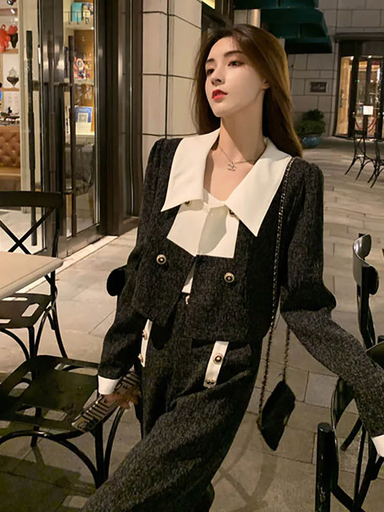 UNXX, зимни комплекти от две части за жените, къси палта в стил мозайка с ревери, топ, Широки ежедневни панталони 2022, корейската мода, дамски дрехи Изображение 2
