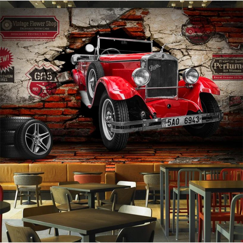 wellyu Персонализирани тапети от папие-маше, рисувани стенни 3d 3D ретро класически автомобил автомобил е счупена стена ресторант фонова стена на ресторанта Изображение 0