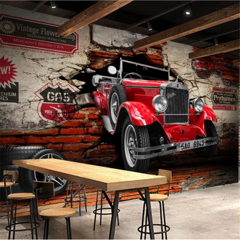 wellyu Персонализирани тапети от папие-маше, рисувани стенни 3d 3D ретро класически автомобил автомобил е счупена стена ресторант фонова стена на ресторанта Изображение 1