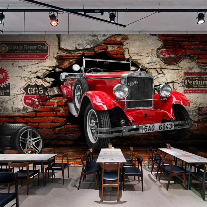 wellyu Персонализирани тапети от папие-маше, рисувани стенни 3d 3D ретро класически автомобил автомобил е счупена стена ресторант фонова стена на ресторанта Изображение 2