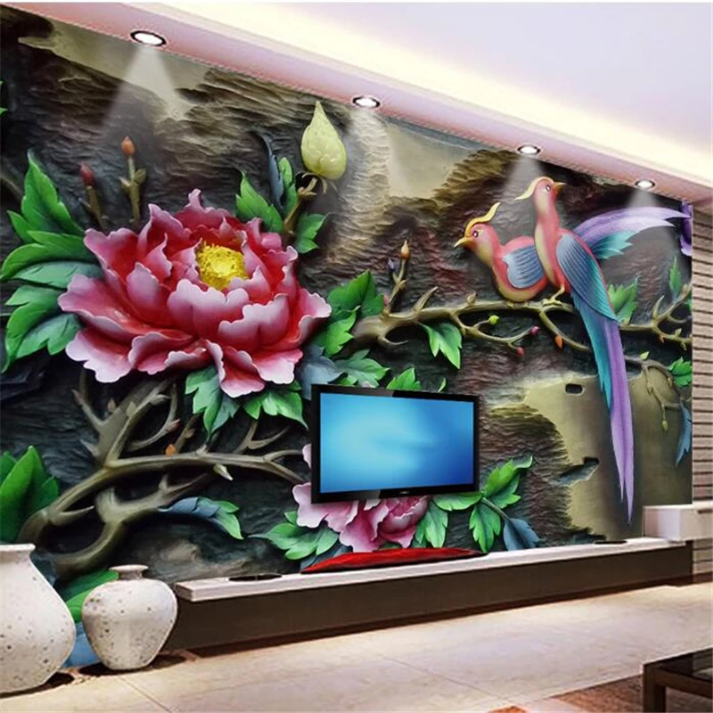 wellyu Тапети по поръчка 3D цвете божур бърд фон на стената papel tapiz para pared moderno carta da parati тапети Изображение 1