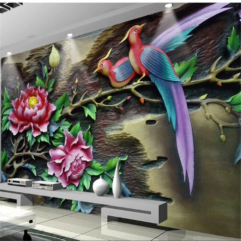 wellyu Тапети по поръчка 3D цвете божур бърд фон на стената papel tapiz para pared moderno carta da parati тапети Изображение 2
