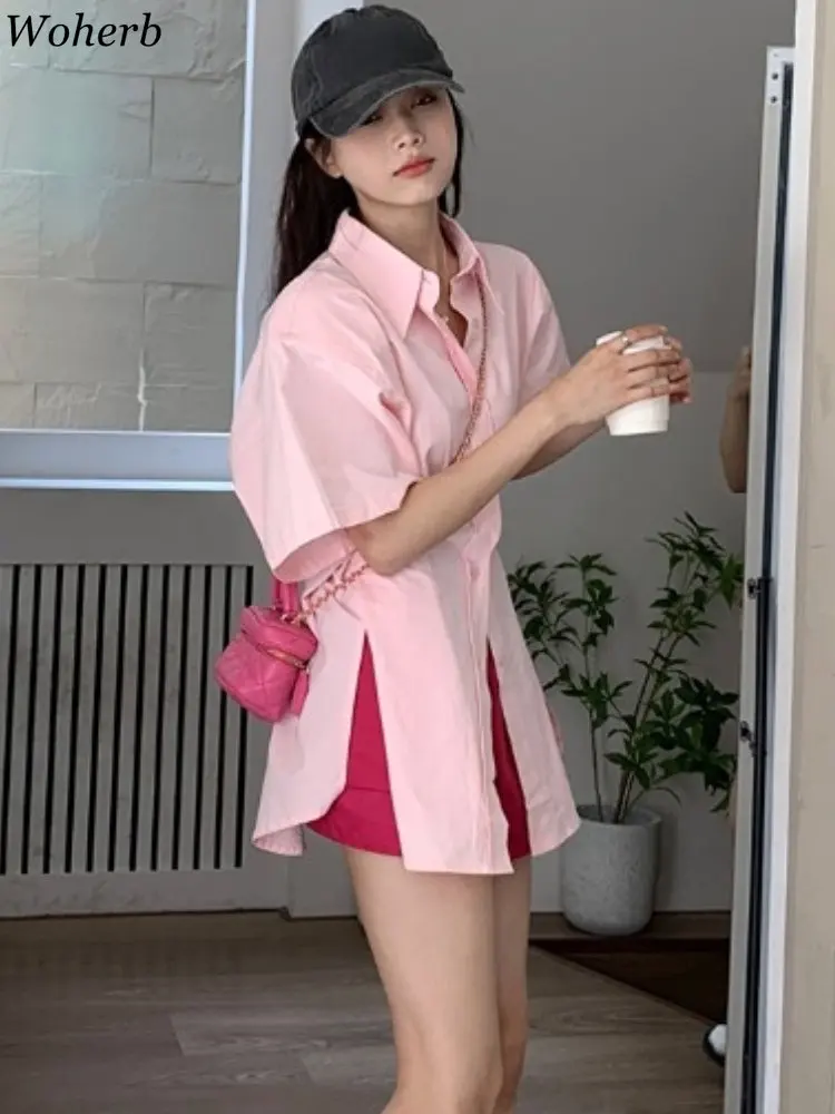 Woherb Корейски случайни модерен комплект от 2 теми, дамски къса риза с дълъг ръкав, Блузи, Ежедневни панталони с висока талия, Комплекти луксозни прости облекло Изображение 0