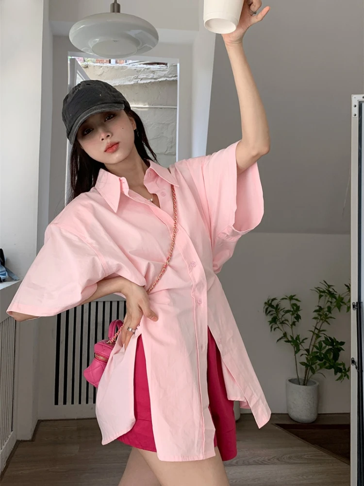 Woherb Корейски случайни модерен комплект от 2 теми, дамски къса риза с дълъг ръкав, Блузи, Ежедневни панталони с висока талия, Комплекти луксозни прости облекло Изображение 1