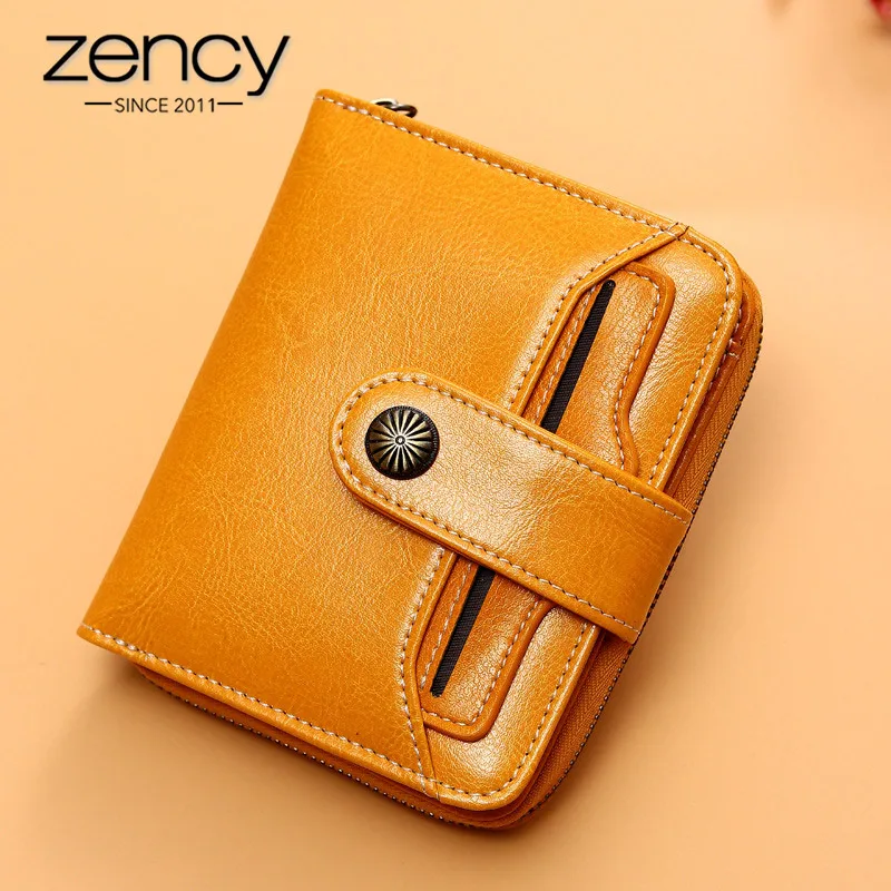 Zency 100% Естествена кожа, Модерен Дамски портмоне с цип, къси портфейл, красив джоб за монети, Притежателите на карти, жълто, синьо Изображение 1