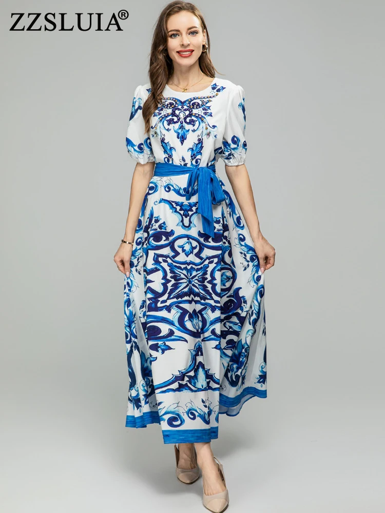 ZZSLUIA Елегантни рокли за жени, синьо и бяло фарфоровое рокля с диаманти, дизайнерско тънка и по-дълга рокля, модерни лятна рокля с шнур Изображение 0