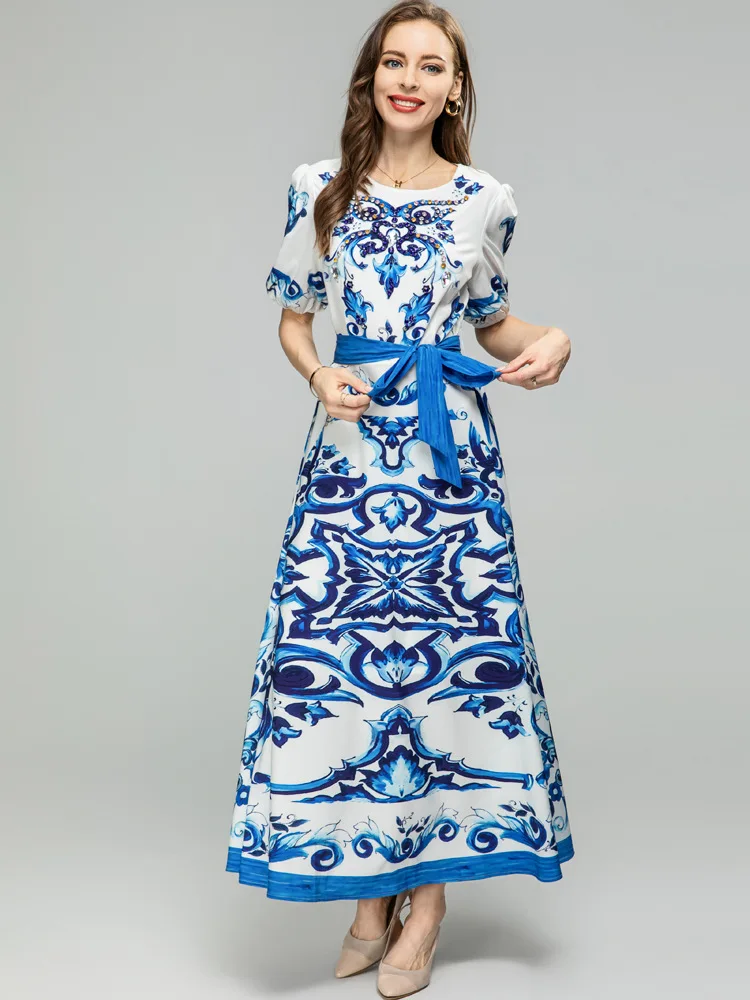ZZSLUIA Елегантни рокли за жени, синьо и бяло фарфоровое рокля с диаманти, дизайнерско тънка и по-дълга рокля, модерни лятна рокля с шнур Изображение 1