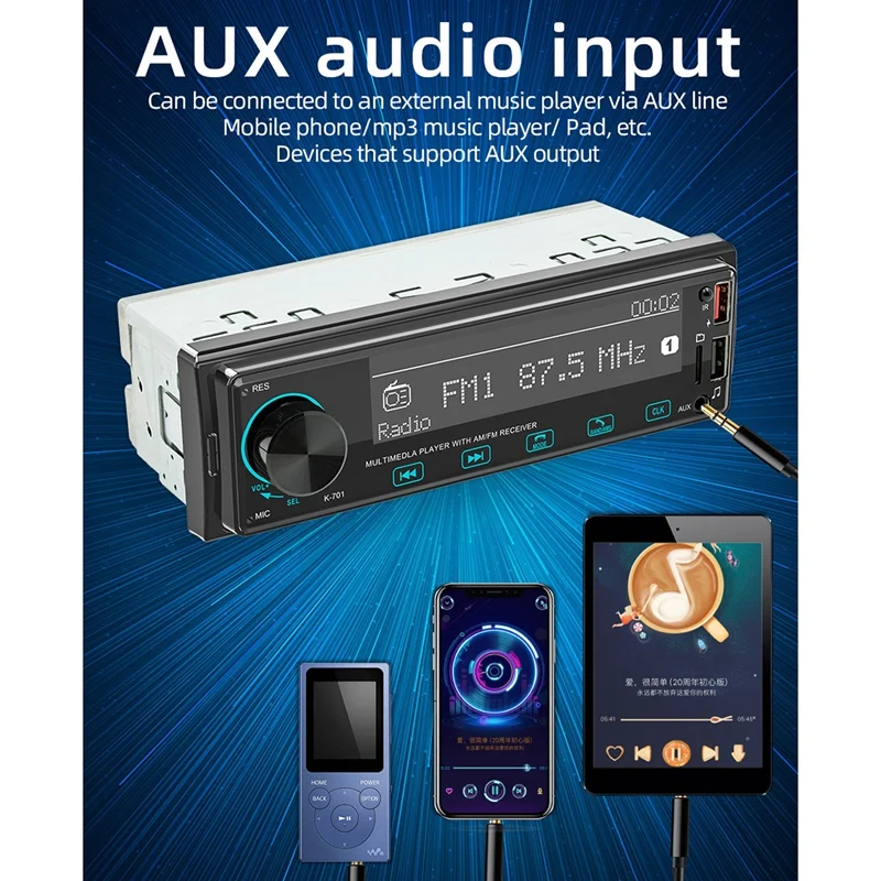 Авторадио 1 Din Автомобилно Bluetooth-радио Авто AUX-In MP3 плейър, FM USB Авто Стерео Аудио Стерео Цифрово аудио FM стерео Музика Изображение 2