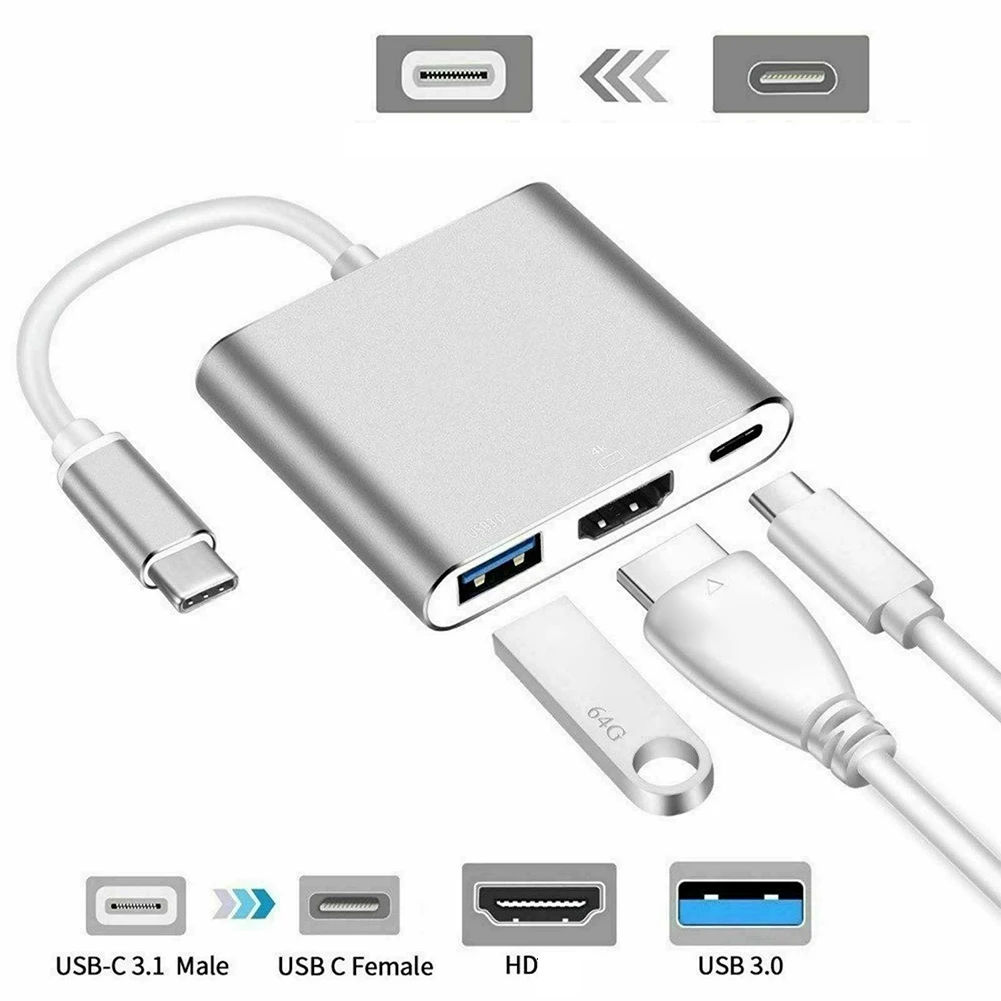 Адаптер за Зареждане на USB 3.0, съвместим с Type C HDMI Конвертор 3 В 1 USB-C 3.1, Адаптер-Хъб За MacBook Air Pro Huawei Samsung Изображение 1