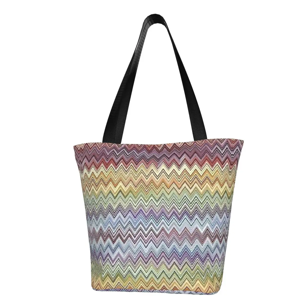 Бохо шик и Модерна зигзагообразная чанта за пазаруване Женската Геометрична многоцветен холщовая пазарска чанта на рамото си Голямата голям чанта Изображение 0