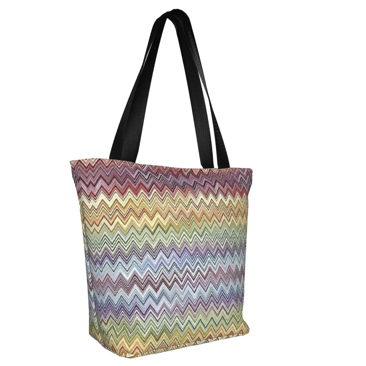 Бохо шик и Модерна зигзагообразная чанта за пазаруване Женската Геометрична многоцветен холщовая пазарска чанта на рамото си Голямата голям чанта Изображение 1