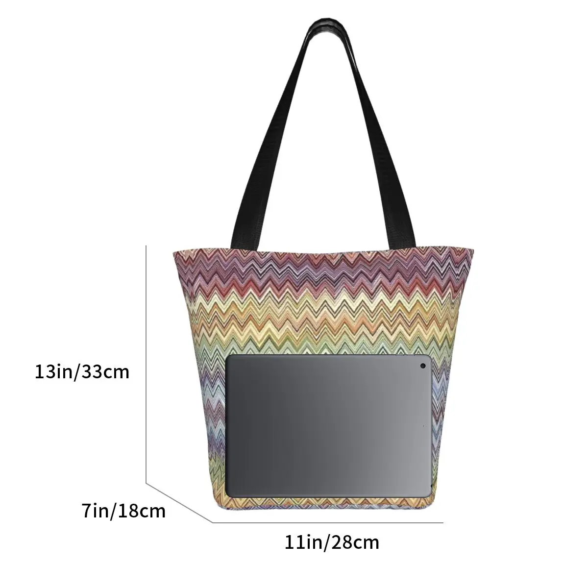 Бохо шик и Модерна зигзагообразная чанта за пазаруване Женската Геометрична многоцветен холщовая пазарска чанта на рамото си Голямата голям чанта Изображение 3
