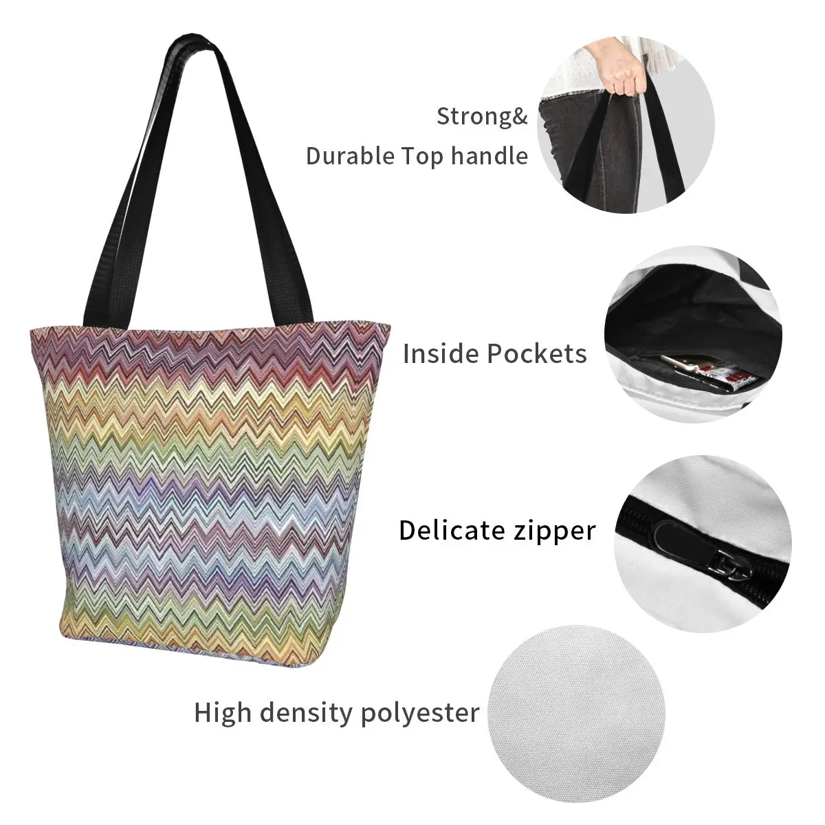 Бохо шик и Модерна зигзагообразная чанта за пазаруване Женската Геометрична многоцветен холщовая пазарска чанта на рамото си Голямата голям чанта Изображение 4