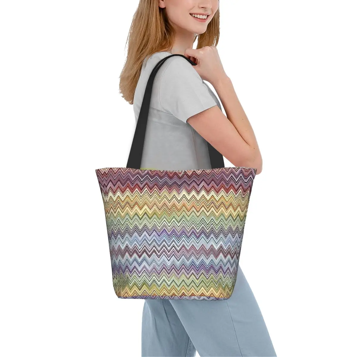Бохо шик и Модерна зигзагообразная чанта за пазаруване Женската Геометрична многоцветен холщовая пазарска чанта на рамото си Голямата голям чанта Изображение 5