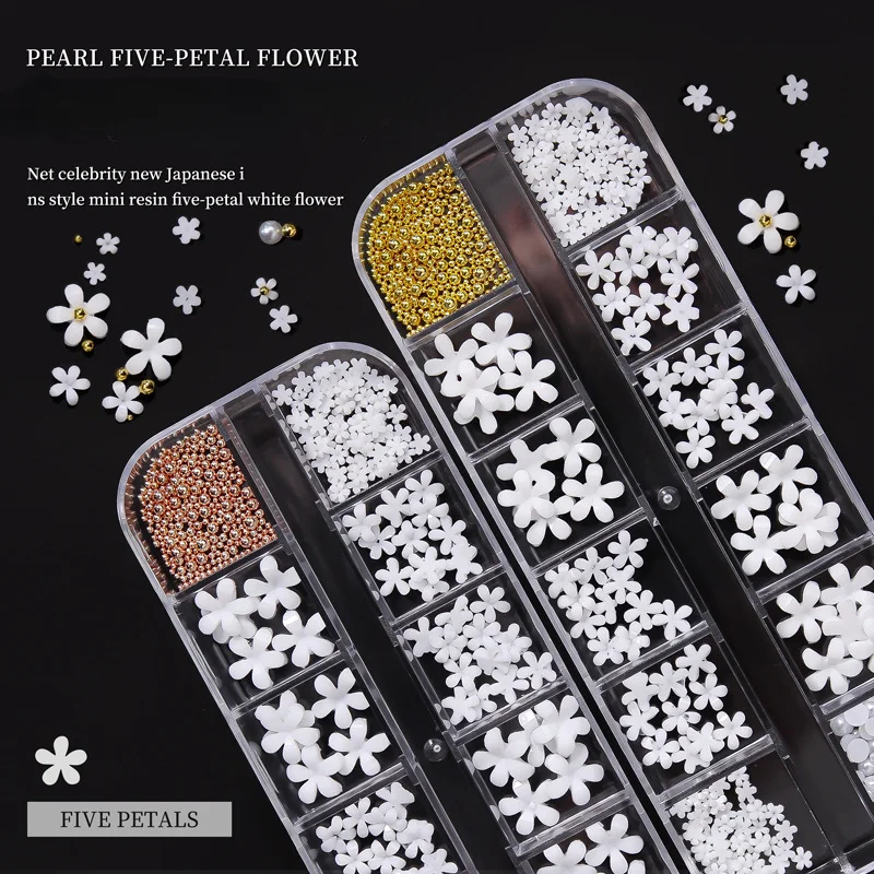 Висококачествена кутия от 12 нишки, цвете с пет венчелистчета, стоманени топчета, перлено бяло цвете, триизмерен размер, смесени планински кристал, декорации за нокти DIY Изображение 0