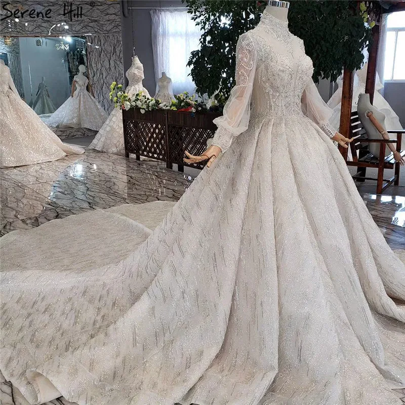 Висококачествено сватбена рокля Serene Hill с ръкави-фенерчета ръчно изработени 2023, луксозно елегантна рокля на булката с високо воротом, реална снимка на поръчка Изображение 0