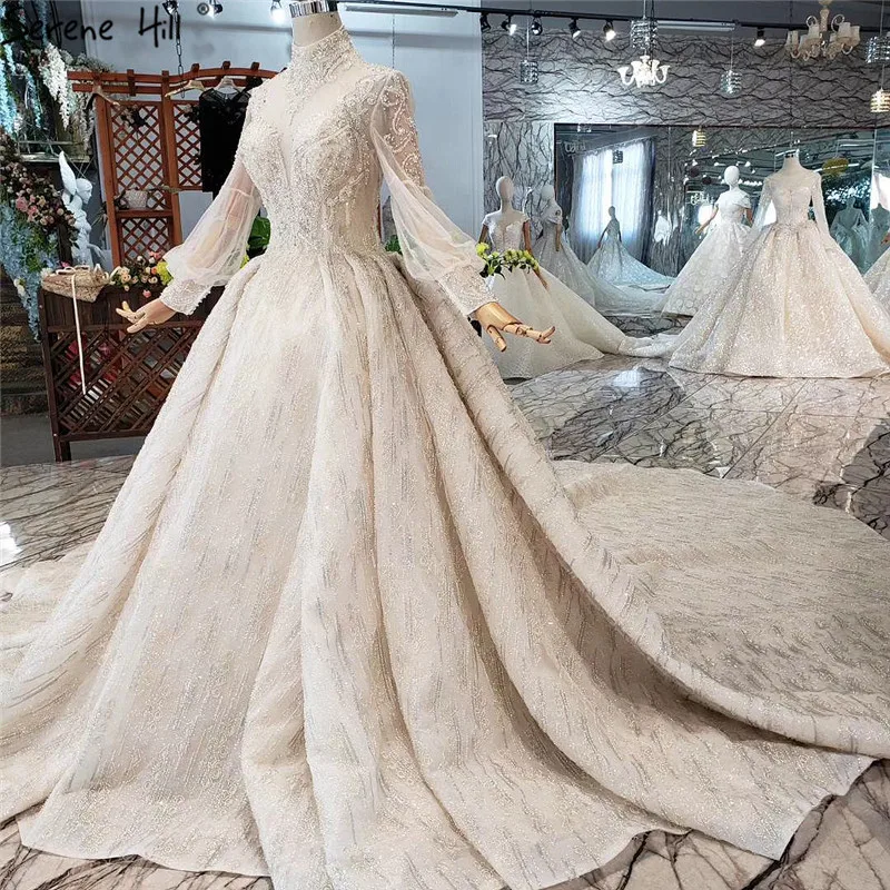 Висококачествено сватбена рокля Serene Hill с ръкави-фенерчета ръчно изработени 2023, луксозно елегантна рокля на булката с високо воротом, реална снимка на поръчка Изображение 1