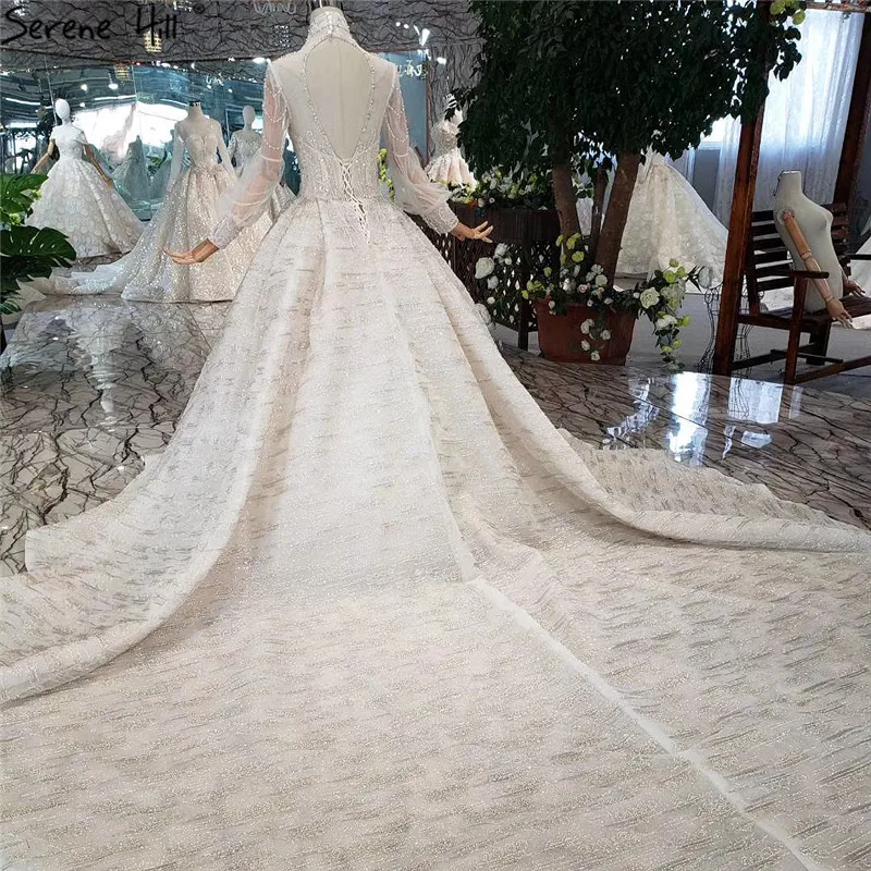 Висококачествено сватбена рокля Serene Hill с ръкави-фенерчета ръчно изработени 2023, луксозно елегантна рокля на булката с високо воротом, реална снимка на поръчка Изображение 2