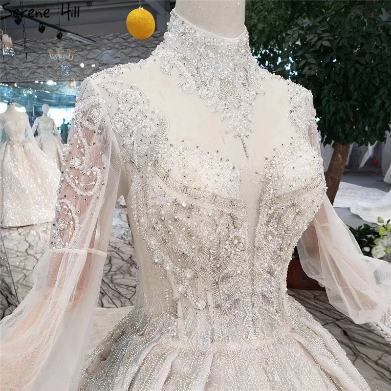 Висококачествено сватбена рокля Serene Hill с ръкави-фенерчета ръчно изработени 2023, луксозно елегантна рокля на булката с високо воротом, реална снимка на поръчка Изображение 3