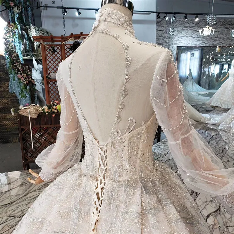 Висококачествено сватбена рокля Serene Hill с ръкави-фенерчета ръчно изработени 2023, луксозно елегантна рокля на булката с високо воротом, реална снимка на поръчка Изображение 4