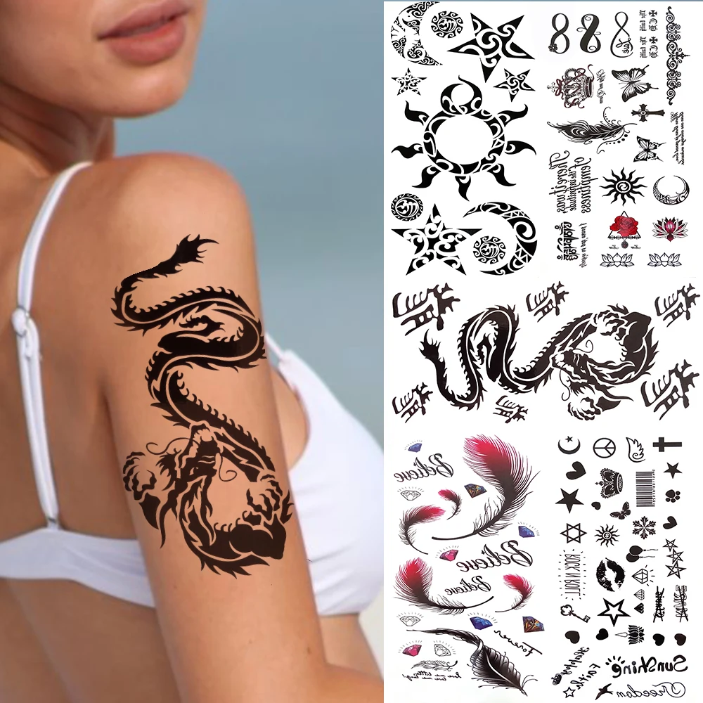 Временна татуировка на Дракон със Собствените си ръце за Жени, Възрастни, Мъже, Черни Татуировки във формата на Слънце и Звезди, Етикет, Татуировка с фалшиви Безкрайни Шипове, Crown, Татуировка-паста за зъби Изображение 0