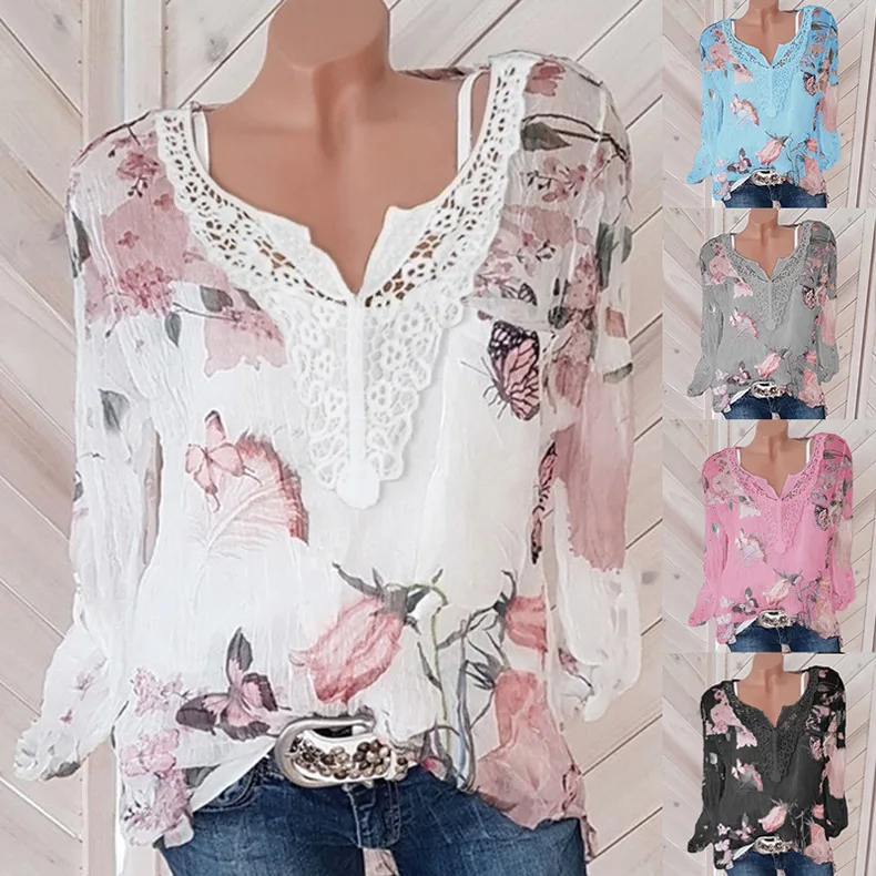 Годишен женски нов топ с дълъг ръкав и V-образно деколте, шифоновые риза, Блуза, пуловер, Ежедневни градинска облекло Изображение 0