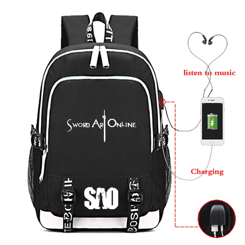 Горещи японски аниме SAO Водоустойчив ученически чанти, раница за лаптоп, пътен USB-раница, чанта за книги с голям капацитет, най-добрият за училище Изображение 2
