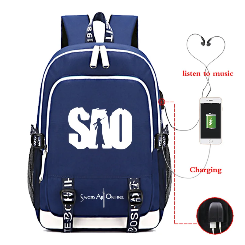 Горещи японски аниме SAO Водоустойчив ученически чанти, раница за лаптоп, пътен USB-раница, чанта за книги с голям капацитет, най-добрият за училище Изображение 3