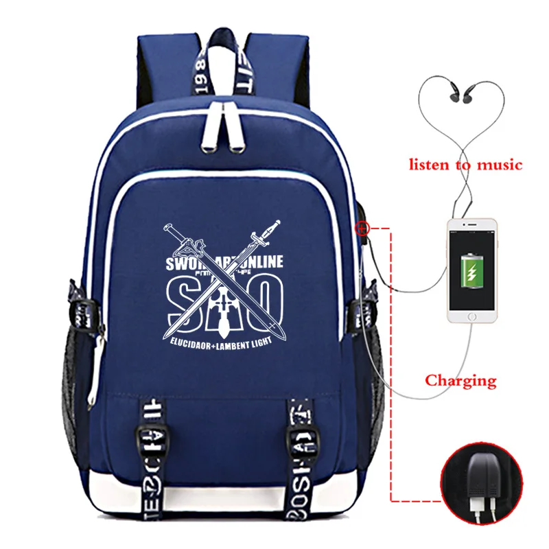 Горещи японски аниме SAO Водоустойчив ученически чанти, раница за лаптоп, пътен USB-раница, чанта за книги с голям капацитет, най-добрият за училище Изображение 4