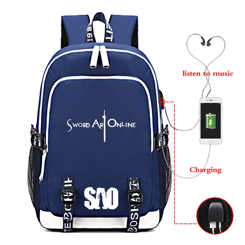 Горещи японски аниме SAO Водоустойчив ученически чанти, раница за лаптоп, пътен USB-раница, чанта за книги с голям капацитет, най-добрият за училище Изображение 5