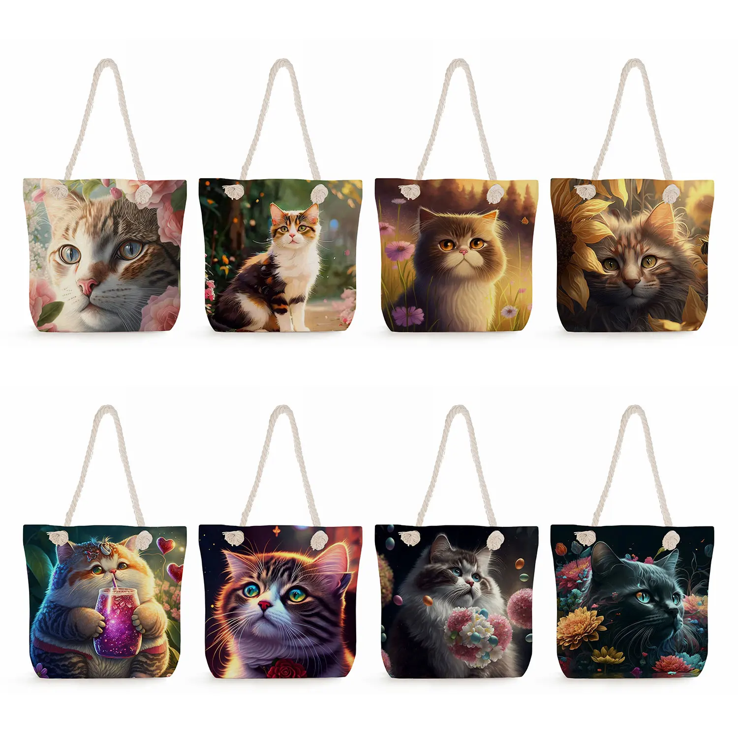 Дамска Чанта-купувач с хубав анимационни котка, тъканни чанти на рамо, модни Чанти с голям капацитет, дебели въжета, пътни плажни чанти-лотария Изображение 0