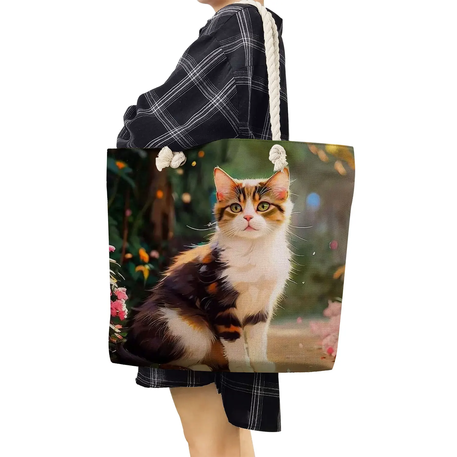 Дамска Чанта-купувач с хубав анимационни котка, тъканни чанти на рамо, модни Чанти с голям капацитет, дебели въжета, пътни плажни чанти-лотария Изображение 2