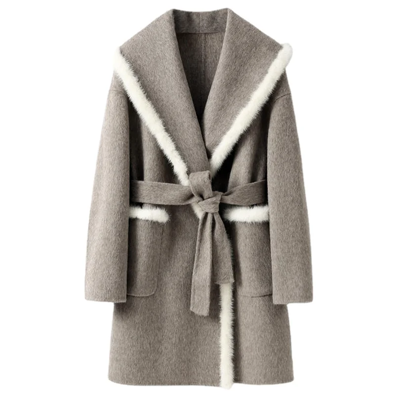 Дамски вълнени якета Hwitex, меховое палта, дамски палта с тапицерия от кожа на Норка, минималистичные зимни вълнени палта HW2123 Изображение 0