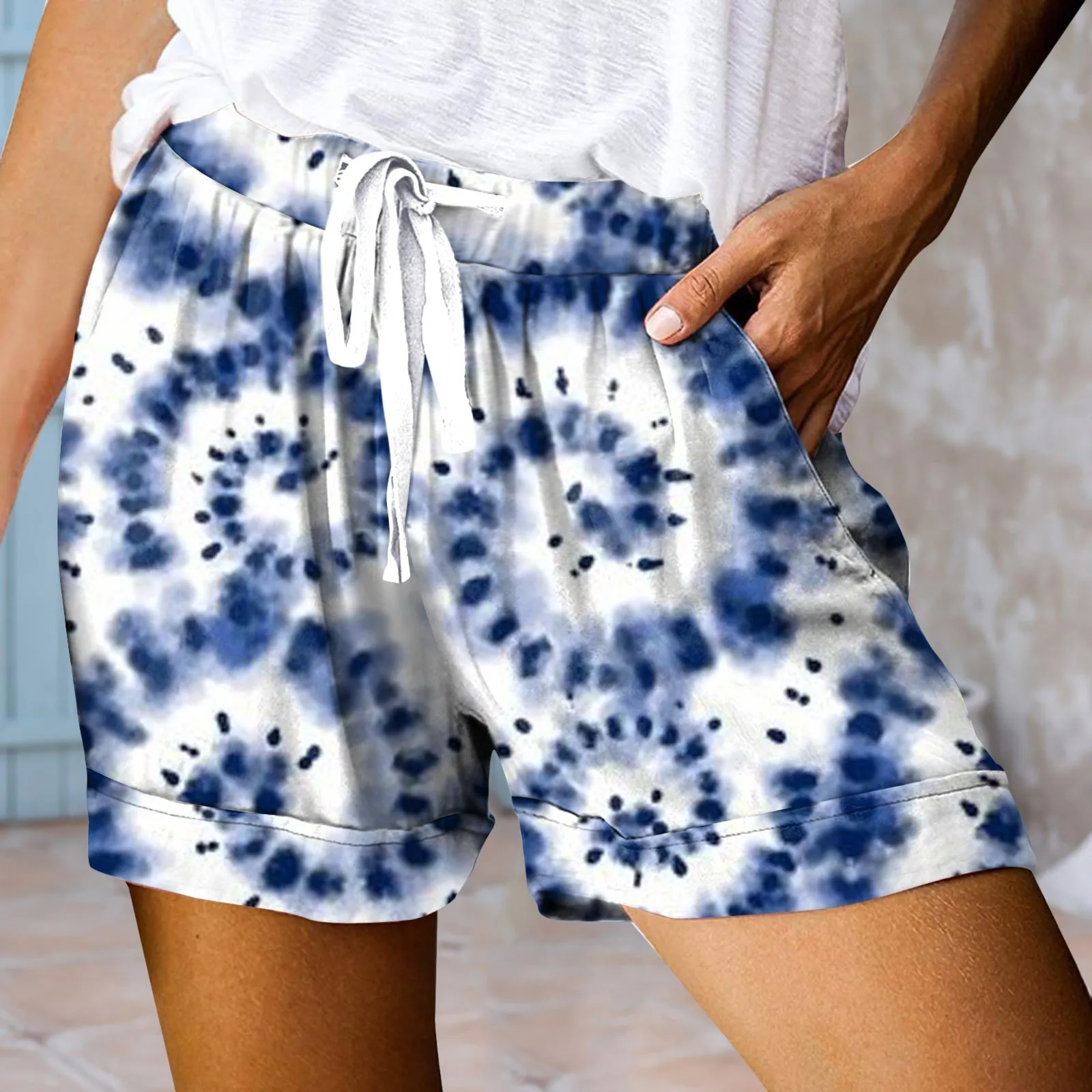 Дамски ежедневни свободни шорти с цветен принтом, лятна прохлада, плажни къси панталони с еластичен колан на съвсем малък, джобове, дамски спортни къси панталони Изображение 1