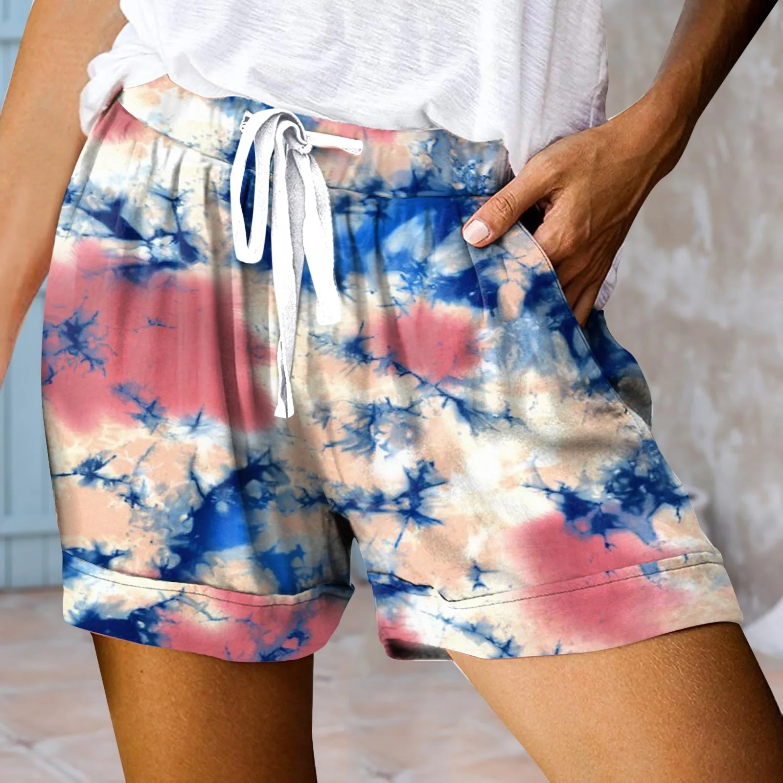 Дамски ежедневни свободни шорти с цветен принтом, лятна прохлада, плажни къси панталони с еластичен колан на съвсем малък, джобове, дамски спортни къси панталони Изображение 3