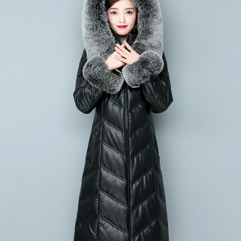 Дамски зимни якета, кожени палта, пуховик средна дължина, корейската версия, оборудвана яка от лисьего кожа, козина от овче кожа Manteau Cjk Изображение 0