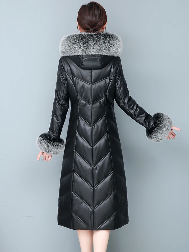 Дамски зимни якета, кожени палта, пуховик средна дължина, корейската версия, оборудвана яка от лисьего кожа, козина от овче кожа Manteau Cjk Изображение 1