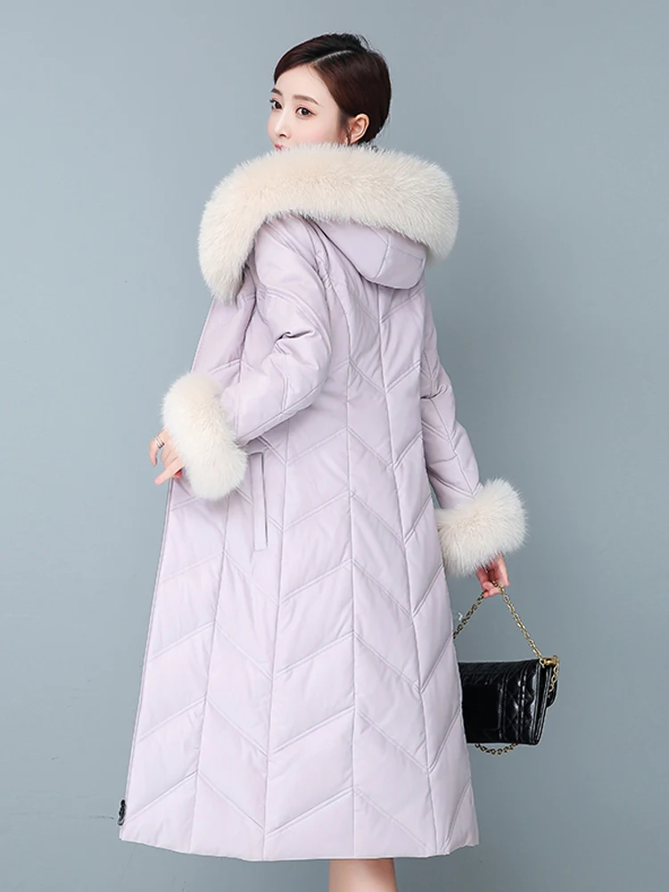Дамски зимни якета, кожени палта, пуховик средна дължина, корейската версия, оборудвана яка от лисьего кожа, козина от овче кожа Manteau Cjk Изображение 2