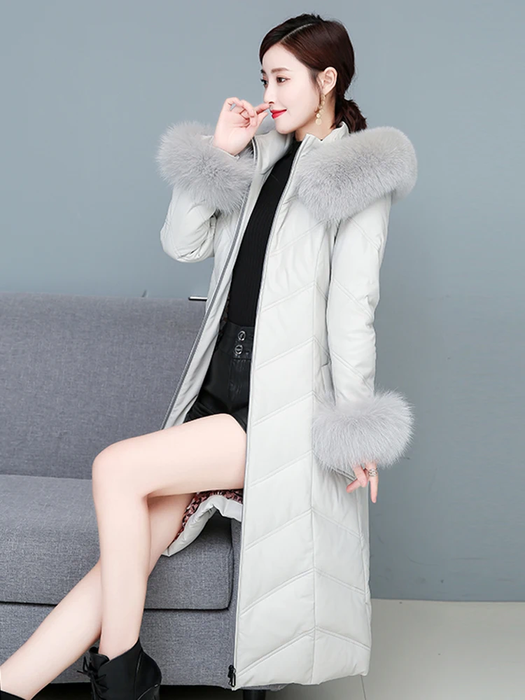 Дамски зимни якета, кожени палта, пуховик средна дължина, корейската версия, оборудвана яка от лисьего кожа, козина от овче кожа Manteau Cjk Изображение 3