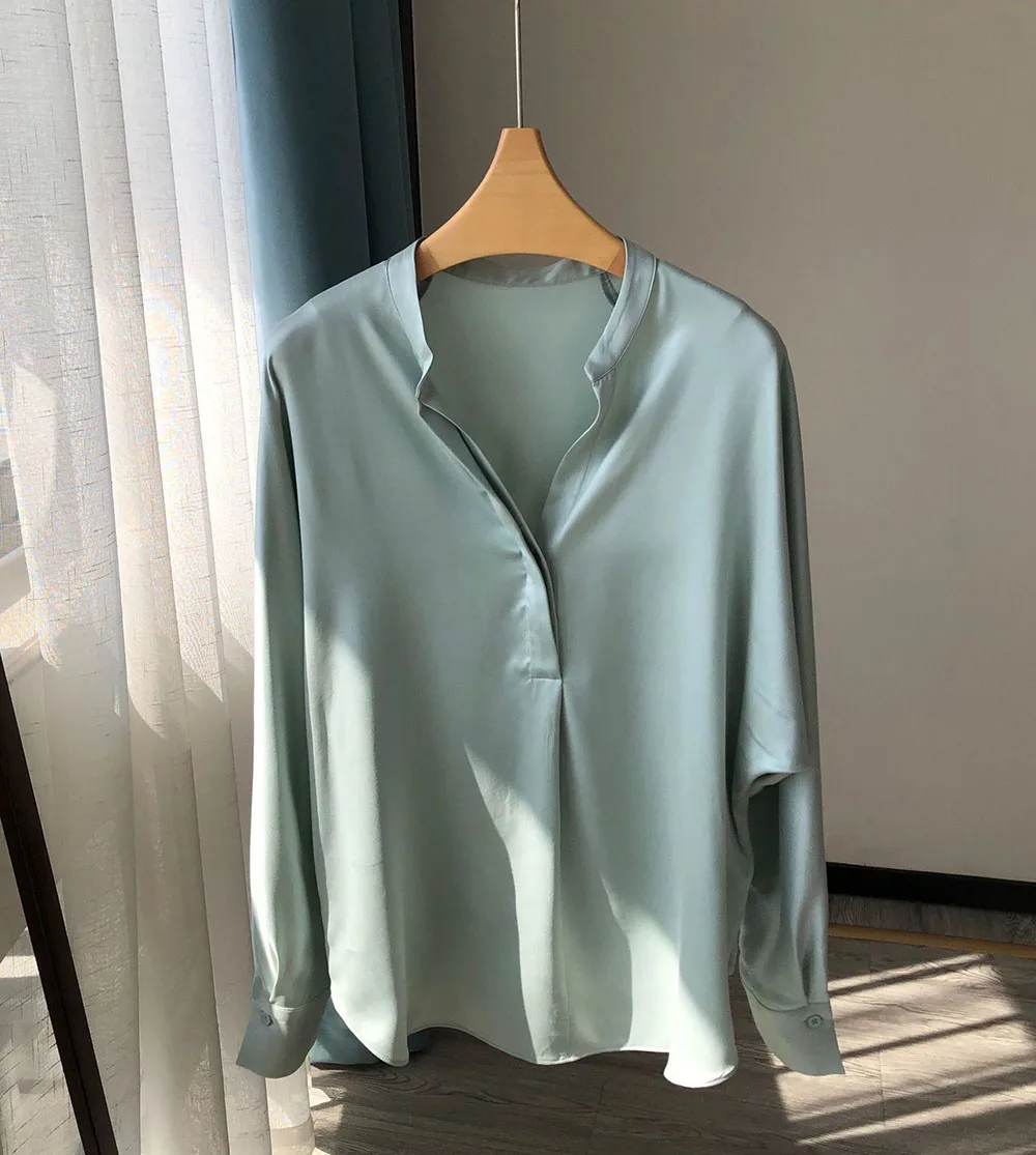 Дамски копринени сатен блузи с V-образно деколте и дълъг ръкав, однотонная блуза, топ Изображение 0