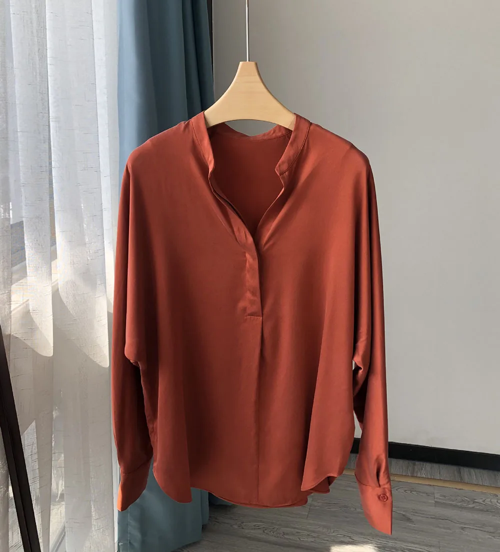 Дамски копринени сатен блузи с V-образно деколте и дълъг ръкав, однотонная блуза, топ Изображение 2